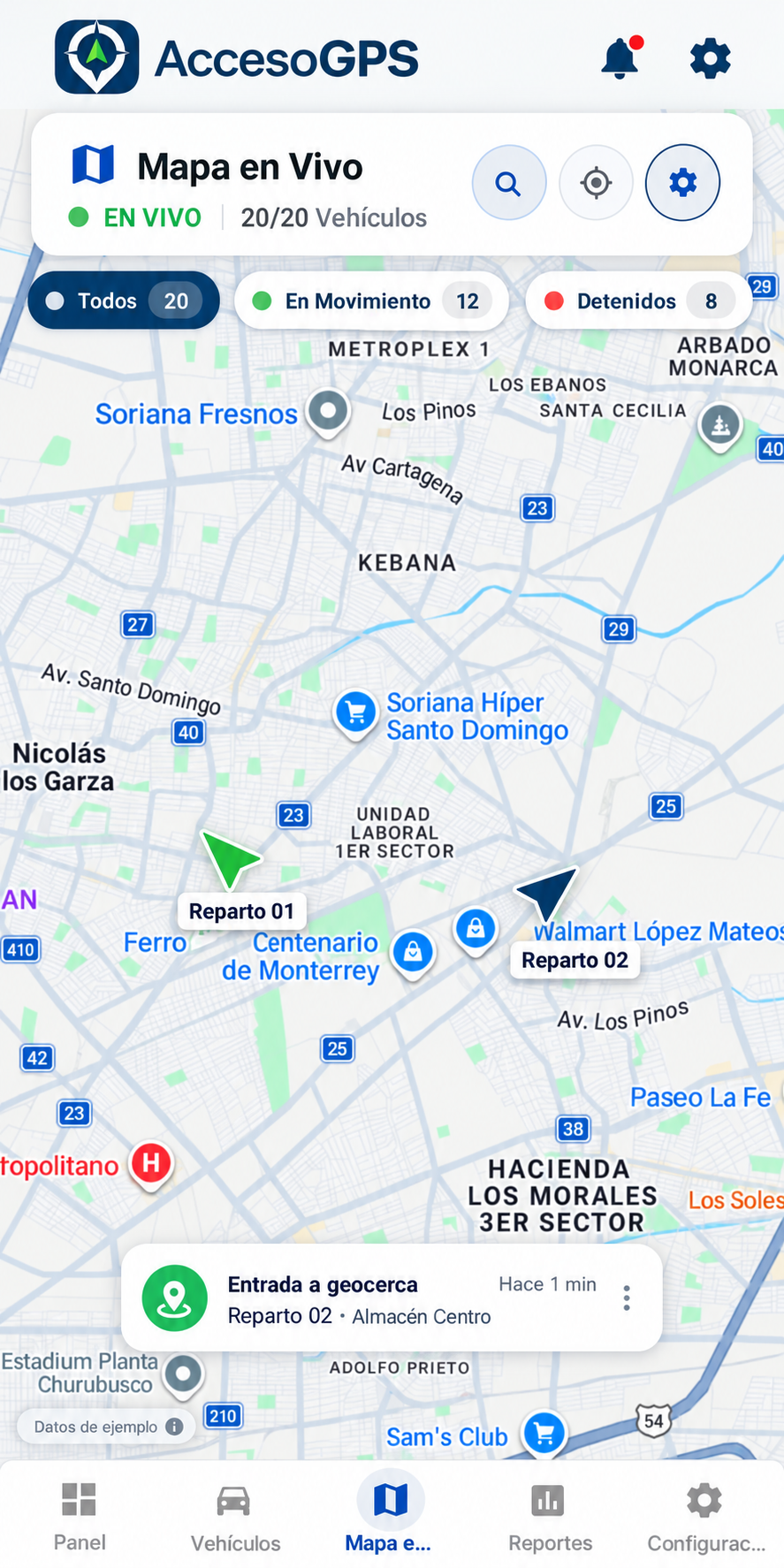Mapa de unidades y alerta de entrada a geocerca