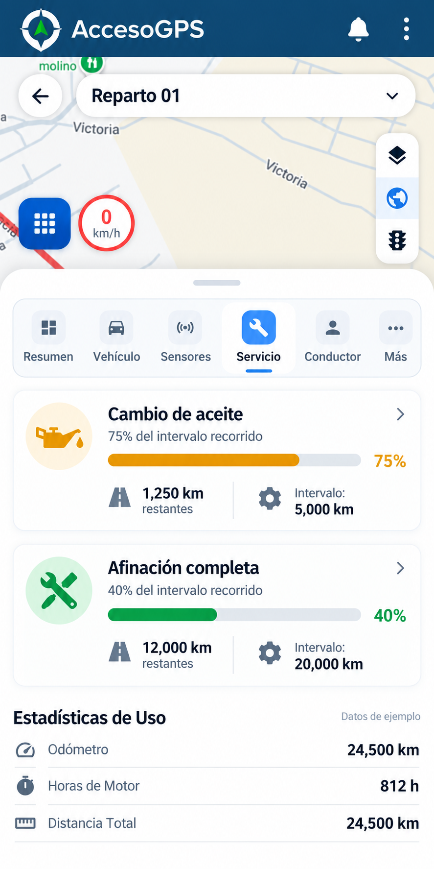 Servicios de ejemplo: cambio de aceite al 75%, 1,250 km restantes; afinación completa al 40%, 12,000 km restantes