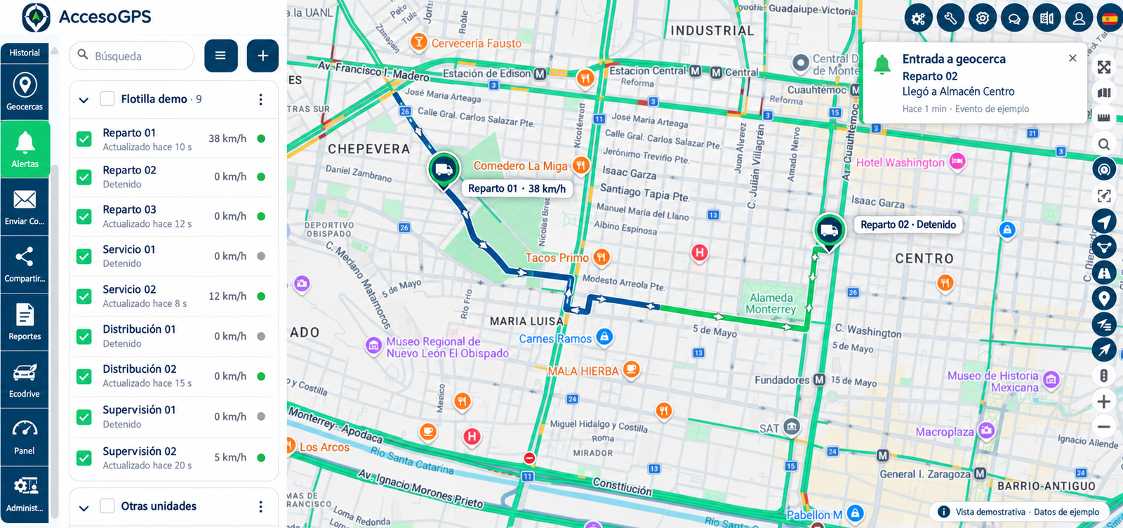 Monitoreo de AccesoGPS — vista demostrativa con datos de ejemplo