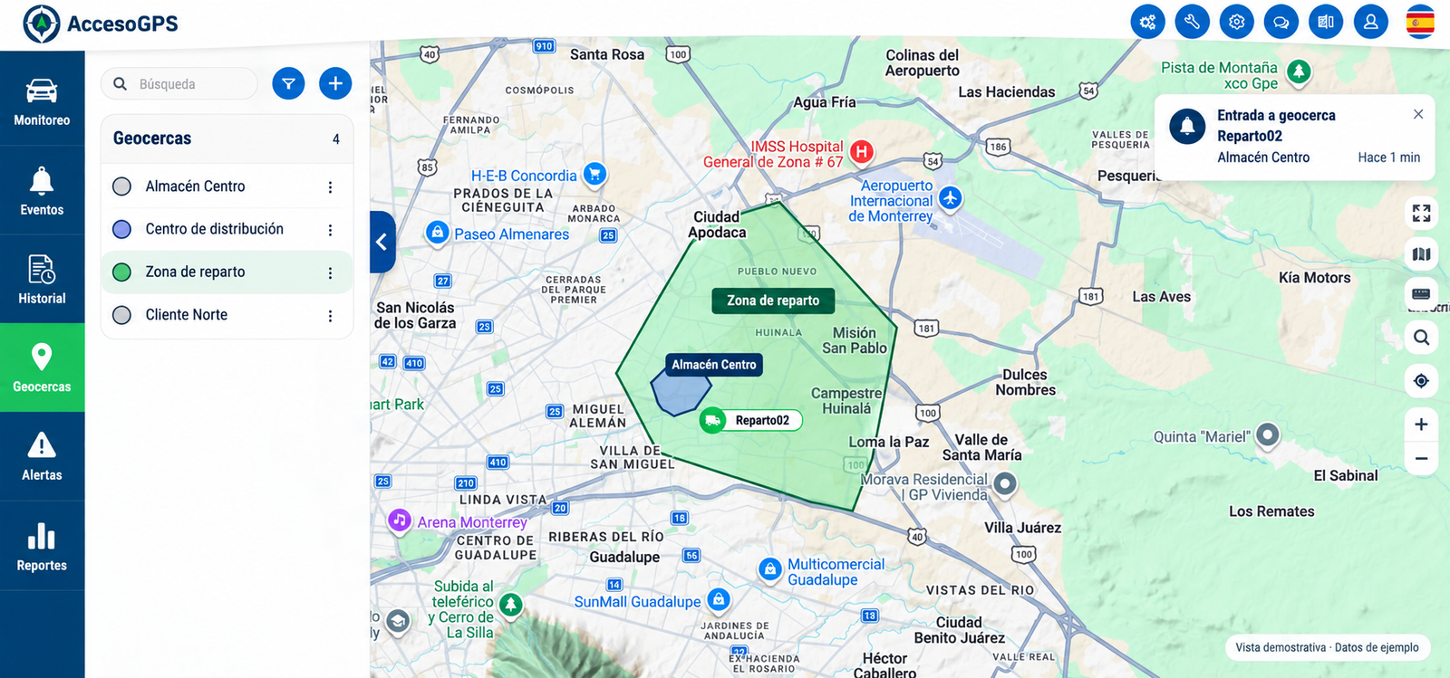 Geocercas de AccesoGPS — vista demostrativa con datos de ejemplo