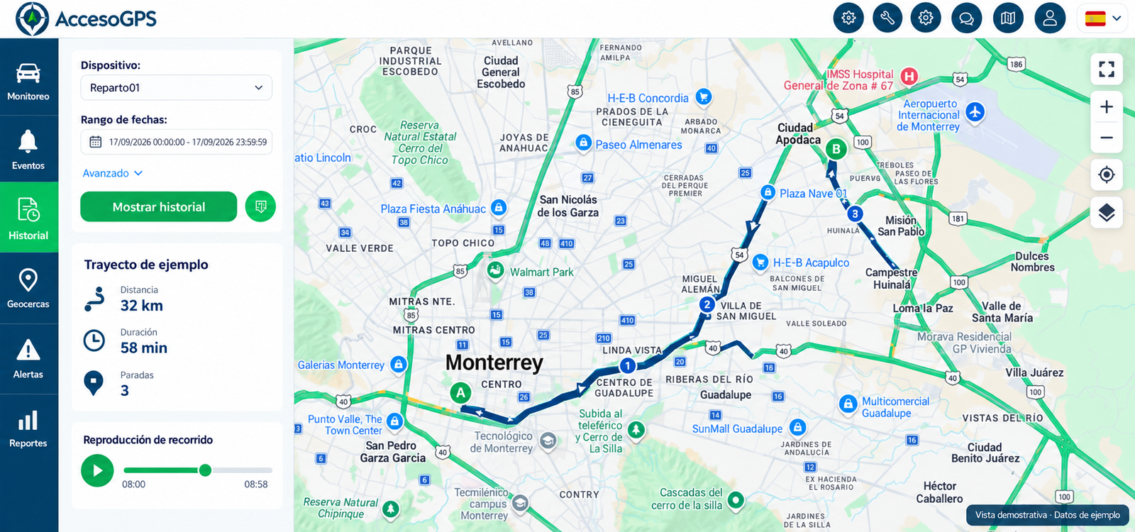 Historial de AccesoGPS — vista demostrativa con datos de ejemplo